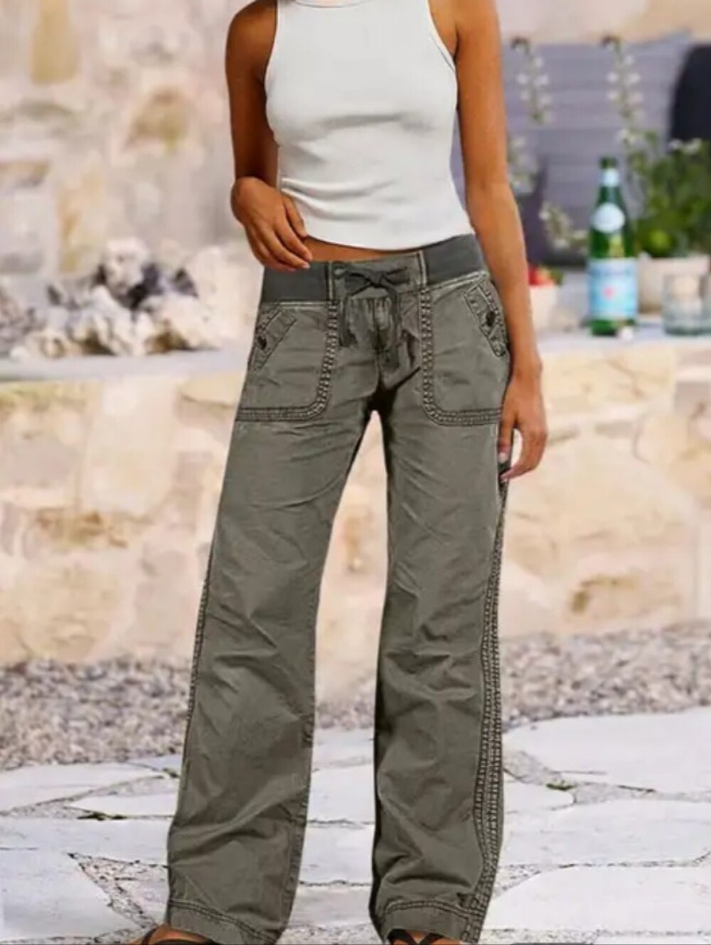 Flamingals Solid Seam Detail Drawstring Mid Rise Straight Leg Pants NWT XL - Picture 4 of 10